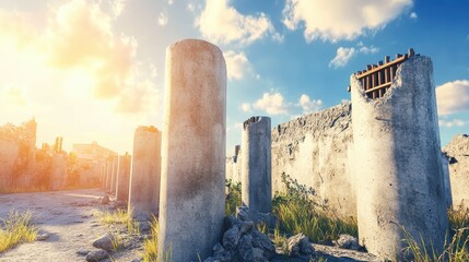 Ancient crumbling stone pillars stand against a bright blue sky with wispy clouds as sunlight streams across the weathered ruins