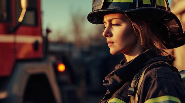 A woman dressed as a firefighter with helmet and jacket, no fire in sight