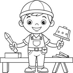 Cartoon boy builder hard hat line art holding pencil and hammer for creative kids coloring workbench scene