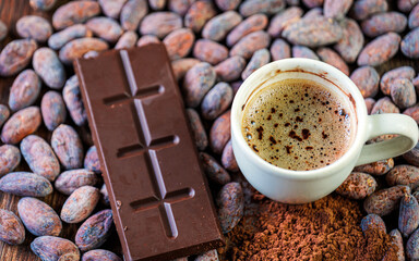 Cocoa drink, Chocolate bar Cocoa powder and beans, clos-up of Cocoa Products,