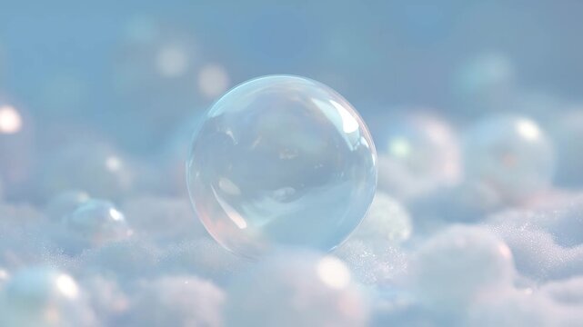 crystal ball on blue background, glass sphere on blue background , bubbles
