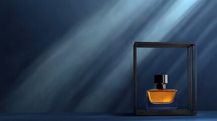 Perfume bottle in an open black frame on a blue background