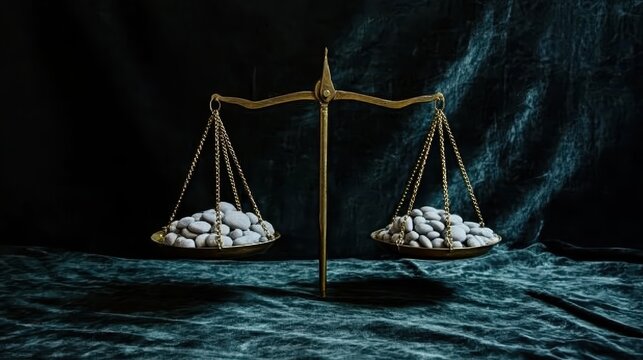 Antique brass balance scales holding piles of stones on each pan precariously against a dark textured background