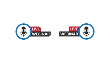 A dynamic graphic featuring a microphone inside a blue circle next to the words LIVE WEBINAR on a red and black banner.
