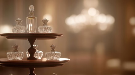 Perfume Bottles Displayed on a Polished Mahogany Tiered Shelf