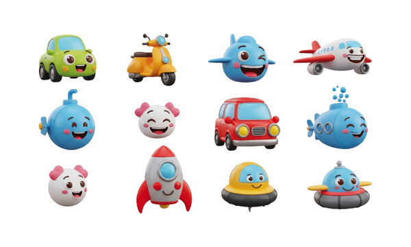 10 3D emoji icons shaped like mini vehicles &mdash; happy car, winking scooter, smiling airplane, giggling submarine, cute rocket van, tiny hovercraft face &mdash; cartoon-style glossy surfaces