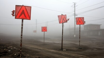 Red warning signs stand on poles along a dusty dirt road shrouded in thick fog indicating caution and danger with abstract symbols