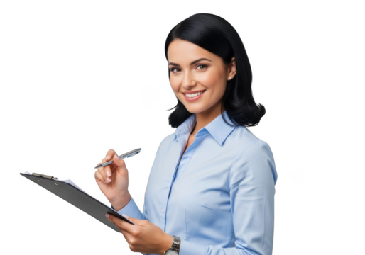 Smiling woman holding clipboard and pen isolated on transparent background - Powered by Adobe