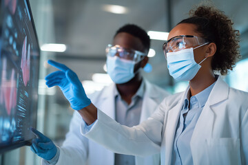 Medical researchers analyzing scan on digital screen