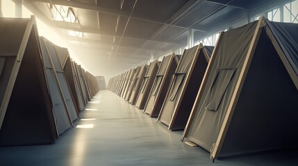 Rows of emergency shelter tents erected in orderly fashion inside a large indoor hall