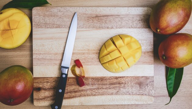 Fresh Mangoes Being Sliced on Wooden Cutting Board with Knife, Top View - Powered by Adobe