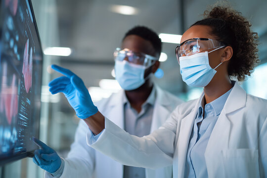 Medical researchers analyzing scan on digital screen