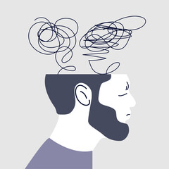 Headache old man, Memory loss and dementia, Alzheimer's, brain damage concept. Sad man suffers from migraine, confusion, memory loss, dementia, reduced function of brain and mind. Vector illustration