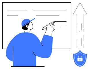 Person updating a board, shield with lock symbolizing security, vertical arrow indicating progress. Ideal for learning, security, innovation, growth, data privacy, education simple flat metaphor