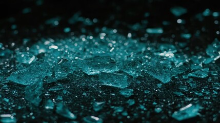 Scattered broken glass fragments glinting under weak light creating a hazardous textured surface