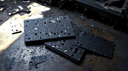 Scattered metal components with chipped surfaces lie on an industrial assembly line floor