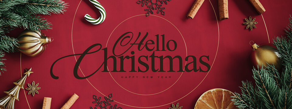 Hello Christmas. Christmas greeting card design with Christmas symbols and black text on red background. 3D Rendering, 3D Illustration	