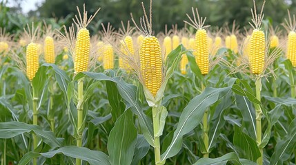 Bright yellow corn stalks growing in a summer farm field