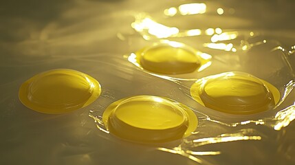 Bright yellow medicine pills sealed in clear plastic blister packaging under soft lighting