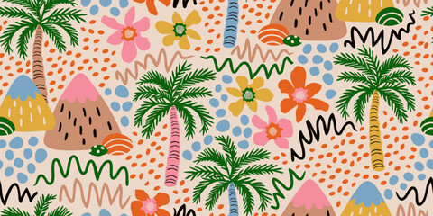 Tropical seamless pattern with hand drawn palm trees. Hawaiian florals summer background for fabric, textiles, clothing, poster, cover, decoration, banner, wallpaper, interior. Vector illustration.