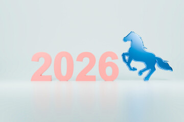 The blue horse silhouette is posed dynamically next to the number 2026