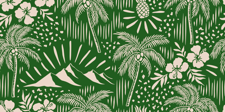 Tropical seamless pattern with hand drawn palm trees. Hawaiian florals summer background for fabric, textiles, clothing, poster, cover, decoration, banner, wallpaper, interior. Vector illustration.