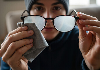 A young man wipes his fogged glasses with a microfiber cloth