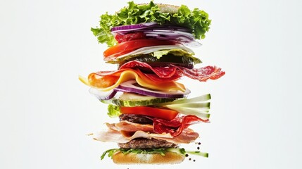 Stacked sandwich with colorful ingredients on white background