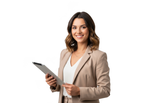 Smiling professional woman holding a tablet isolated on transparent background - Powered by Adobe