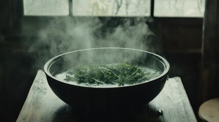 Steaming bowl of Vietnamese Pho with fresh herbs on top