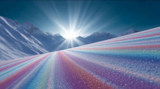 Radiant sunrise over a vibrant rainbow ski slope, shimmering snow crystals in a winter wonderland, ethereal alpine glow during holiday season