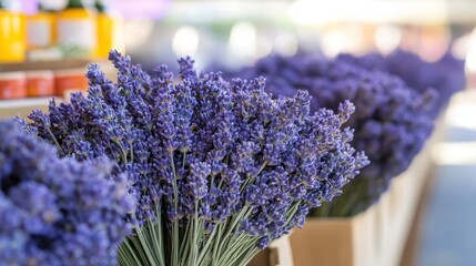 Bundles of dried lavender herbs artfully arranged closeup