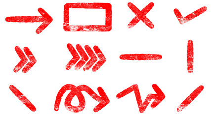A collection of red hand-drawn grunge symbols including various arrows, a checkmark, a cross, and other shapes.