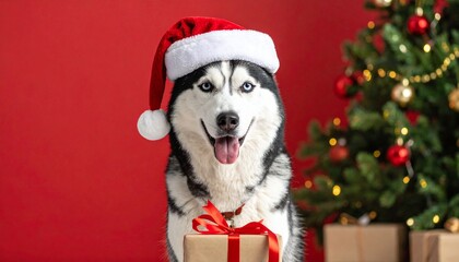 A Siberian Husky in Santa hat holding a gift box, sitting near a decorated Christmas tree with falling snow.