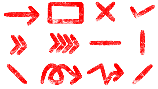 A collection of red hand-drawn grunge symbols including various arrows, a checkmark, a cross, and other shapes.