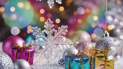 Colorful wrapped gift boxes with gold ribbons sit beside crystal snowflake ornament and glittering baubles. Festive christmas arrangement features purple, turquoise, and golden presents with sparkling - Powered by Adobe
