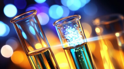 Test tubes with sample solution illuminated with bright bokeh lights