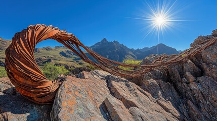 Tangled rusted strands of barbed wire stretched across a rocky mountain landscape under a bright sunny sky