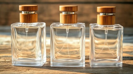 Clear perfume bottles displayed on a wooden surface with detail