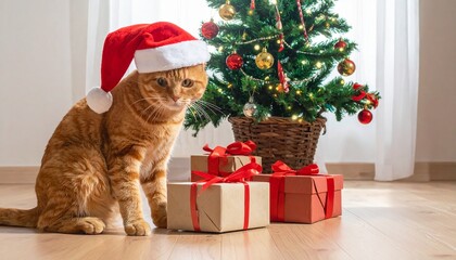 A ginger cat in Santa hat sitting near wrapped gifts and a decorated Christmas tree in a cozy room.