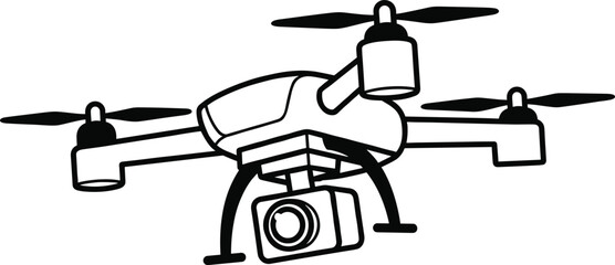 Black and white quadcopter drone with camera line art vector illustration, aerial photography technology icon, isolated surveillance equipment for design on white background