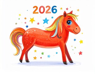 2026 with Rainbow Horse and Multicolored Stars
