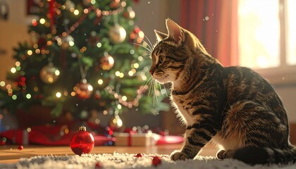 A fluffy tabby cat lying near a decorated Christmas tree with glowing lights and festive ornaments.