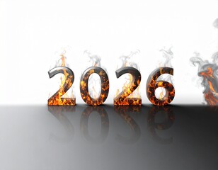 2026 in 3D Flaming Typography with Smoke and Reflections