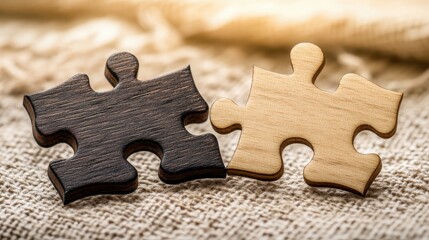 Two wooden puzzle pieces are interlocking against a textured background with soft lighting