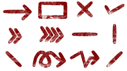 A collection of hand-drawn red grunge symbols including arrows, checkmarks, and shapes on a white background.