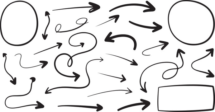 Collection of black handdrawn arrows and circles pointing in various directions creates a dynamic composition