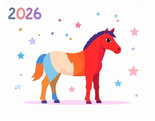 2026 with Multicolored Horse and Pastel Stars