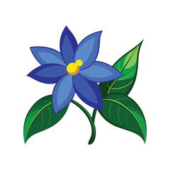 Vibrant blue flower with green leaves illustration