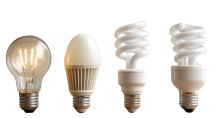 Four different light bulb types,  in a row.  From left to right Edison,  bulb,  oval,  spiral fluorescent